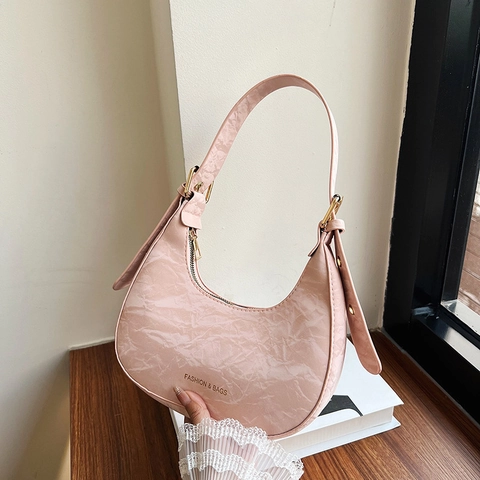Women Pleated PU Leather Underarm Hobo Bag Crescent Shoulder Handbag With Golden Hardware Adjustable Strap For Daily Use