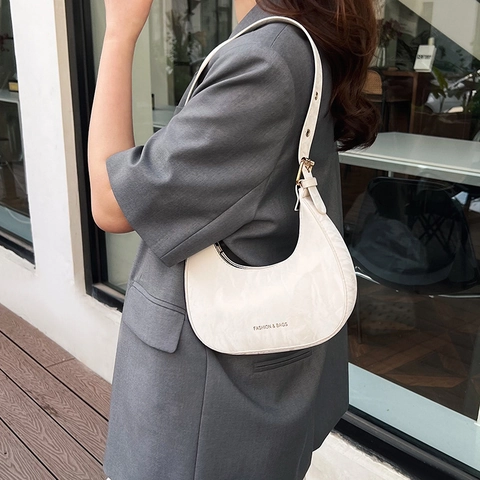 Women Pleated PU Leather Underarm Hobo Bag Crescent Shoulder Handbag With Golden Hardware Adjustable Strap For Daily Use