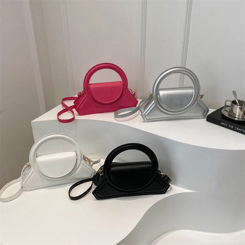 Geometric Trapezoid PU Leather Handbag With Circular Ring Handle Versatile Solid Color Crossbody Shoulder Bag For Women