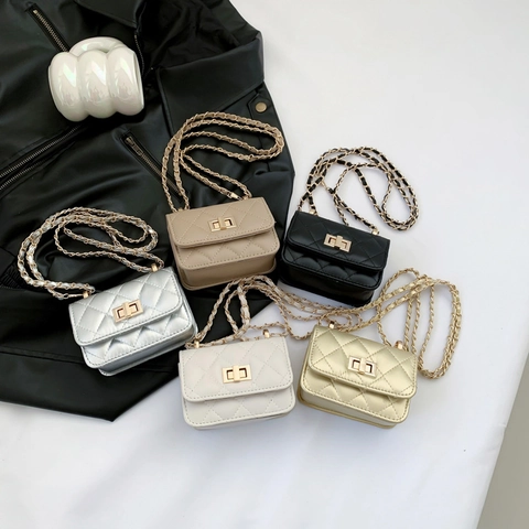 Mini Crossbody Bag PU Leather Quilted Rhombic Metal Chain Strap Turn Lock Fashionable Square Handbag For Women