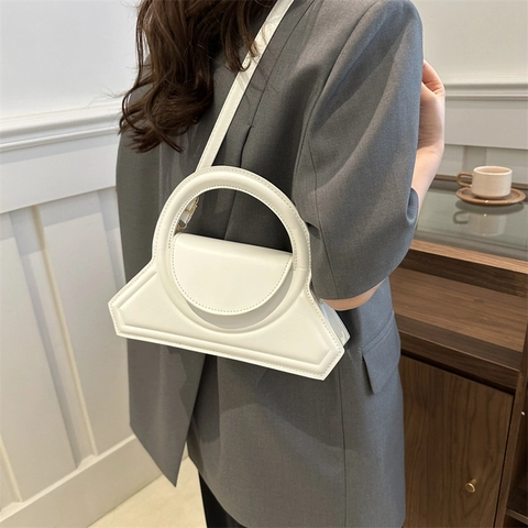 Geometric Trapezoid PU Leather Handbag With Circular Ring Handle Versatile Solid Color Crossbody Shoulder Bag For Women