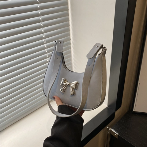 Damen Hobo Tasche PU Leder Metall Schleife Dekoration Achsel Schulter Handtasche Minimalistisch Süß Koreanischer Stil