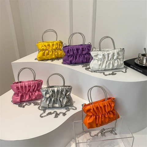 Ruched Shoulder Bag PU Leather Rhinestone Handle Cloud Crossbody Handbag For Women Fashion Elegant Daily Party