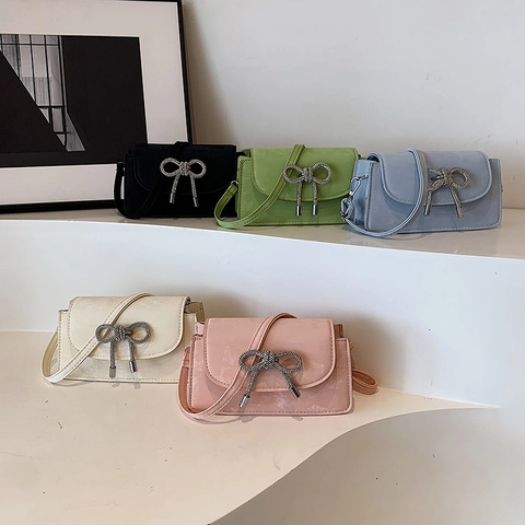 Women Rhinestone Bow Crossbody Bag PU Leather French Niche Small Square Shoulder Purse Elegant Trendy Messenger Bag