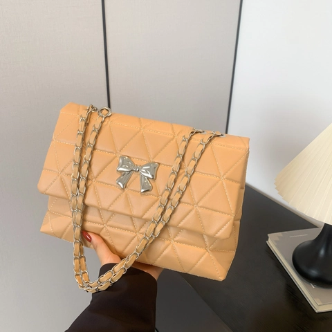 Women Elegant Bowknot Quilted Chain Shoulder Bag PU Leather Small Square Crossbody Bag Versatile Party Commute Handbag