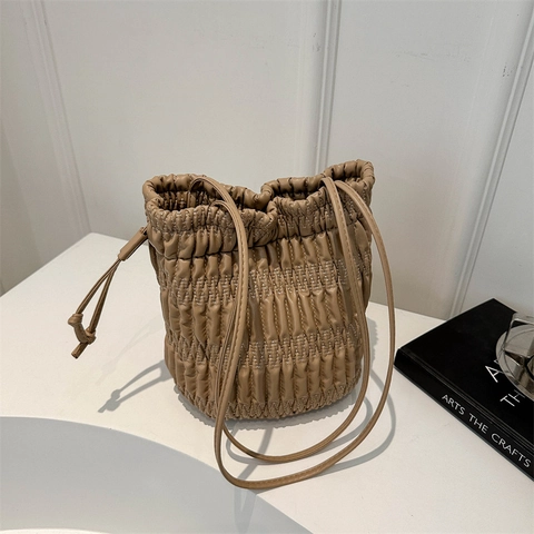 Πλισέ Τσάντα Bucket Γυναικεία PU Δέρμα Σούρες Κορδόνι Τσάντα Ώμου Χειρός Μόδα Απλή Urban Daily Style