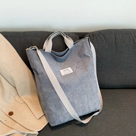 Bolso Tote De Pana Gran Capacidad Bolso De Hombro Casual Para Mujeres Vintage Simple Escuela Bolso Bandolera Con Cremallera