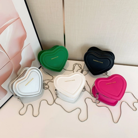 Heart Shaped Crossbody Bag PU Leather Metal Chain Mini Shoulder Bag Zipper Closure Fashion Letter Print For Women Girls
