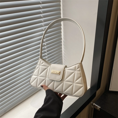 Quilted Geometric PU Leather Baguette Underarm Bag For Women Trendy French Style Solid Color Shoulder Handbag Metal Buckle