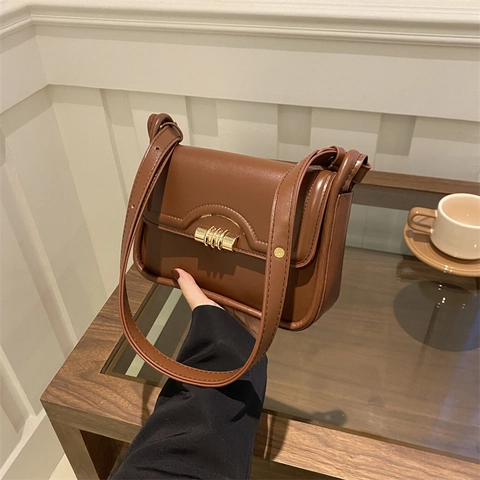 Dames PU Leren Schoudertas Retro Flap Crossbody Tas Met Gouden Metalen Slot Kleine Vierkante Forenzen Handtas