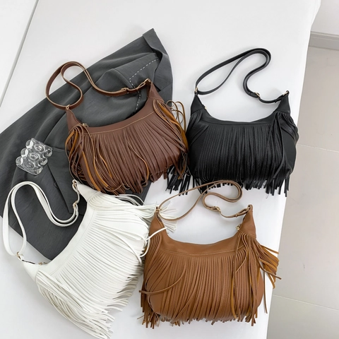 Dames Tassel Hobo Tas PU Leer Litchi Textuur Boho Franje Schouder Crossbody Tas Met Verstelbare Riem Retro Stijl