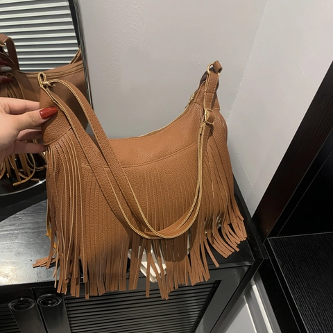 Dames Tassel Hobo Tas PU Leer Litchi Textuur Boho Franje Schouder Crossbody Tas Met Verstelbare Riem Retro Stijl