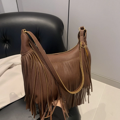 Sac à Épaule Hobo en Cuir PU Femme Longues Franges Style Bohème Bandoulière Réglable Motif Litchi Sac Cabas Quotidien