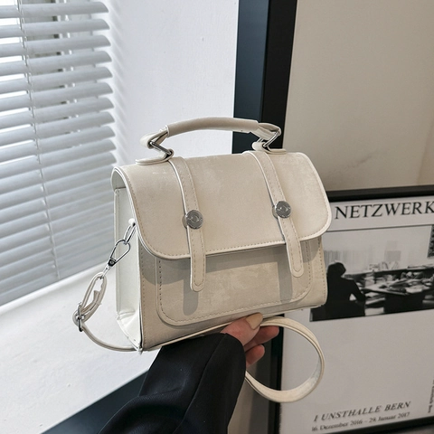 Retro PU-Leder Umhängetasche Für Damen Mit Handgriff Und Doppelriemen-Dekor Vintage College-Stil Handtasche
