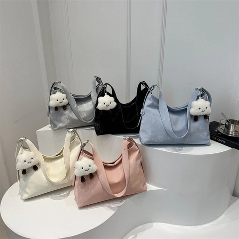 Minimalist Matte PU Leather Shoulder Bag Large Capacity Hobo Tote With Plush Cloud Pendant For Women Adjustable Strap