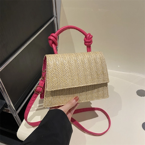 Strohgewebte Umhängetasche Kleine Quadratische Tasche Sommer Strand Urlaub Handtasche Mit Geknotetem Griff Chic Trendig