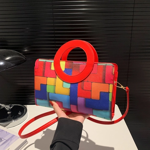 Sac Carré En Cuir PU À Motifs Géométriques Color Block Avec Poignée Ronde Bandoulière Amovible Petit Sac À Main Tendance