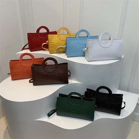 Sac À Bandoulière Pour Femme En Cuir PU Avec Motif Crocodile Poignée Ronde Creuse Sac À Main Rectangulaire Chic