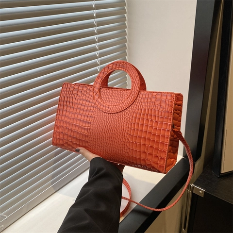 Women Vintage Crocodile Pattern PU Leather Handbag With Circular Handle Commute Shoulder Crossbody Bag Fashion Tote Bag
