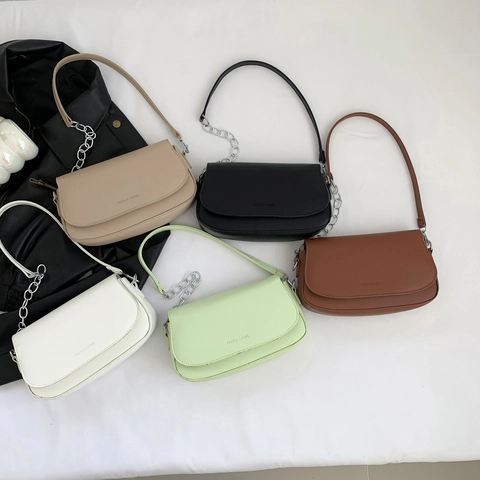 Women Minimalist PU Leather Shoulder Bag Solid Color Small Square Crossbody Bag With Metal Chain Strap Flap Closure Chic Underarm Bag
