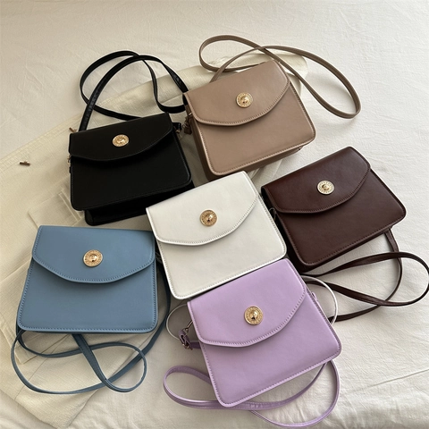 Vintage PU Leather Crossbody Bag For Women Rectangular Flap Square Shoulder Bag Round Gold Metal Buckle Solid Color