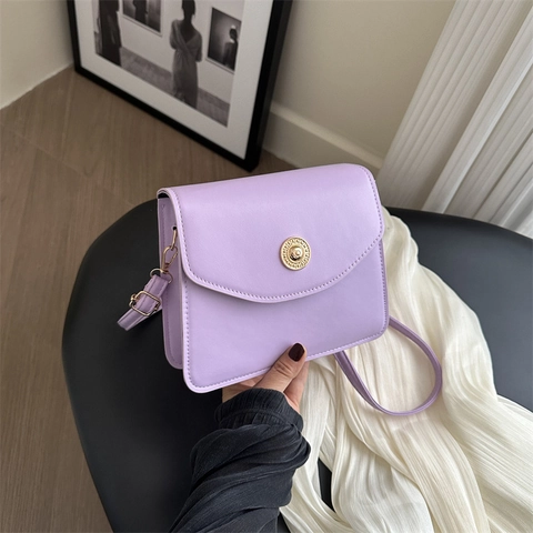 Vintage PU Leather Crossbody Bag For Women Rectangular Flap Square Shoulder Bag Round Gold Metal Buckle Solid Color