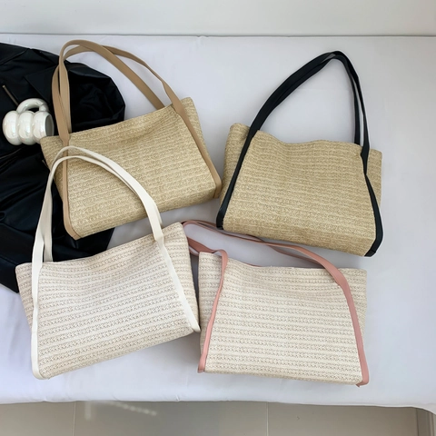 Grand Sac Fourre-tout Tissé En Paille Pour Femmes Avec Lanières En Cuir Synthétique Style Rétro Pastoral Sac À Épaule De Plage