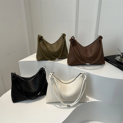 Bolso de Axila con Textura Trenzada para Mujer Moda de Cuero PU Bolso de Hombro Color Sólido Bolso Hobo Cuadrado Street Trend