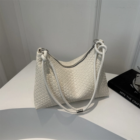 Bolso De Hombro Cuero PU Tejido Mujer Bolso De Axila Bolso Hobo Con Correa Anudada Color Sólido Cierre De Cremallera