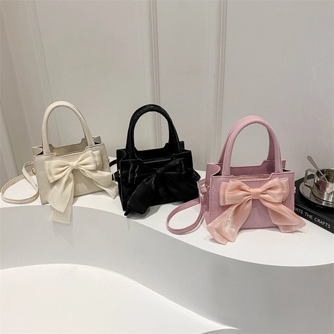 Women Handbag PU Leather Large Satin Bow Decoration Crossbody Shoulder Bag Sweet Elegant Small Square Shape Daily Fashion