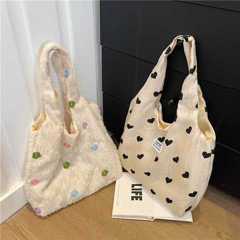 Grand Sac Fourre-Tout Décontracté Pour Femmes Imprimé Cœur Broderie Florale Colorée Sac À Épaule