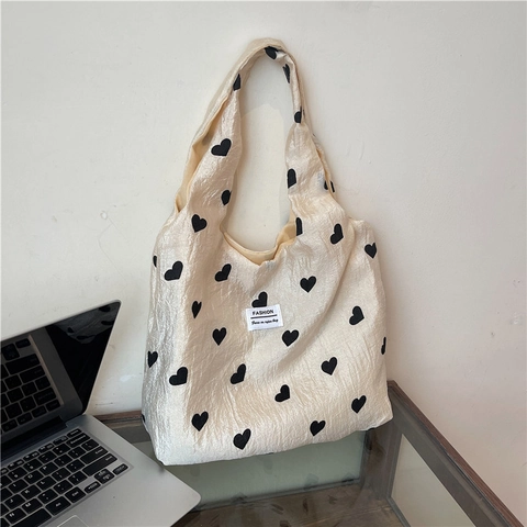 Grand Sac Fourre-Tout Décontracté Pour Femmes Imprimé Cœur Broderie Florale Colorée Sac À Épaule