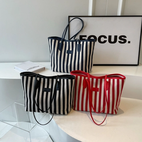 Borsa Tote Da Donna Tela Righe Grande Capacità Borsa A Spalla Casual Per Uso Quotidiano Moda Street Style