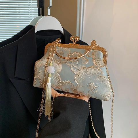 Borsa A Mano Ricamata Floreale In Stile Cinese Vintage Con Manico In Metallo Nappa Raso Jacquard Borsa Da Sera