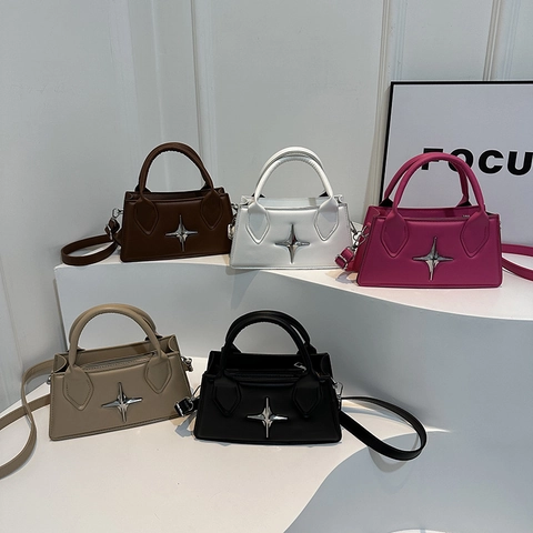 Women Small Square Shoulder Bag PU Leather With Metal Star Decor Top Handle Adjustable Strap Trendy Y2K Commuter Handbag