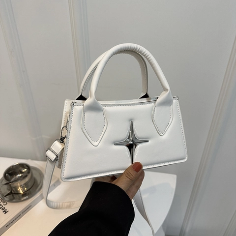 Women Small Square Shoulder Bag PU Leather With Metal Star Decor Top Handle Adjustable Strap Trendy Y2K Commuter Handbag