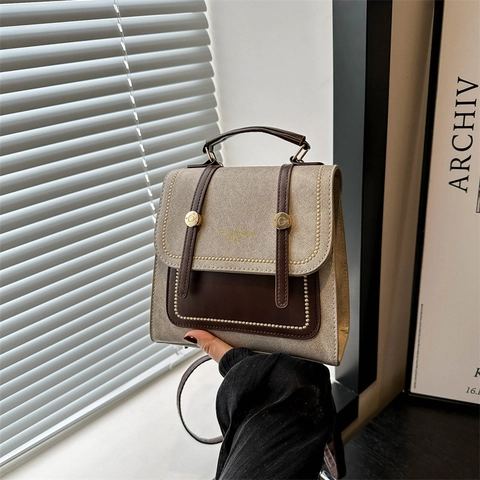 Borsa A Tracolla Vintage Con Patta Doppio Uso Mini Zaino Per Donna Cuciture A Contrasto Rivetti Dorati Chic Casual