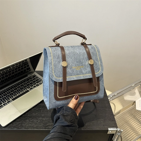 Zaino da Donna Vintage Patchwork in Pelle PU Piccolo Quadrato Moda Denim Texture Borsa a Mano Pendolare Borsa a Tracolla Con Fibbia in Metallo