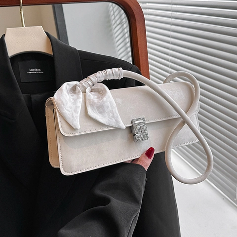 Borsa Sottobraccio in Pelle PU da Donna Con Sciarpa in Raso Fibbia con Strass Borsa a Tracolla Quadrata per Moda Quotidiana