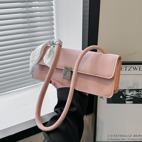 Borsa Donna Trendy Chic Fibbia Strass Pelle PU Borsa a Tracolla Con Foulard Seta Elegante Borsa Sottobraccio a Patta Borsa Baguette