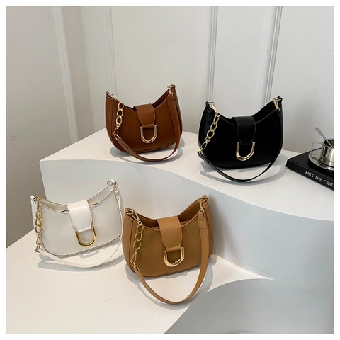 Damen Schlichte Halbmond Schultertasche PU Leder Unterarm Hobo Tasche Mit Metallkette Und Hufeisenschnalle Retro Urban Stil Tasche