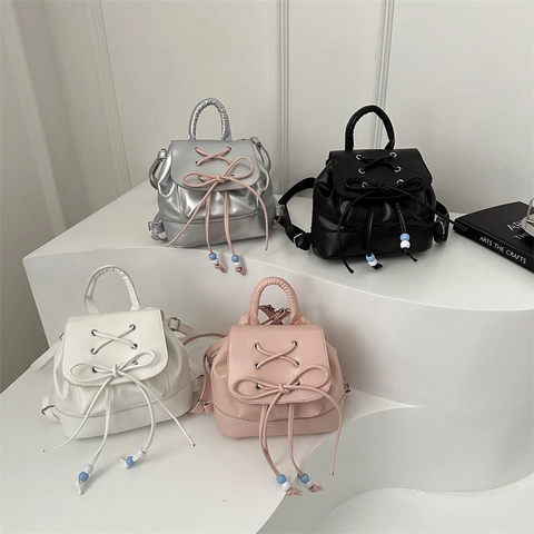 Mini Rucksack PU Leder Schleife Kordelzug Perlen Cross Strap Mode Reise Rucksack Für Mädchen Frauen