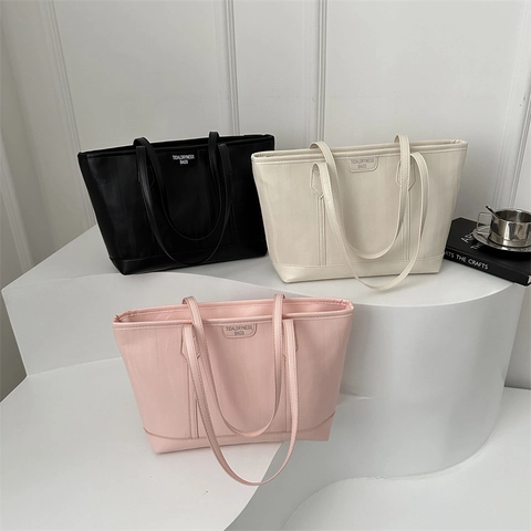 Bolso Tote De Cuero PU De Gran Capacidad Para Mujer Rayas Texturizadas Cremallera Bolso De Hombro Diario Simple Color Sólido