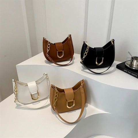 Women PU Leather Hobo Underarm Bag Vintage Minimalist Half Moon Shoulder Purse With Gold Horseshoe Buckle And Metal Chain