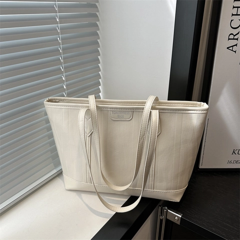 Bolso Tote De Cuero PU De Gran Capacidad Para Mujer Rayas Texturizadas Cremallera Bolso De Hombro Diario Simple Color Sólido