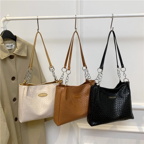 Große Kapazität Tote Bag Mit Webmuster PU Leder Schultertasche Metallkette Für Damen Alltag Pendeln Lässig