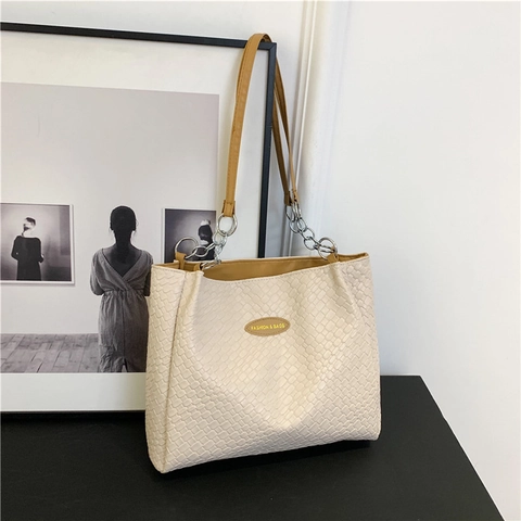 Große Kapazität Tote Bag Mit Webmuster PU Leder Schultertasche Metallkette Für Damen Alltag Pendeln Lässig