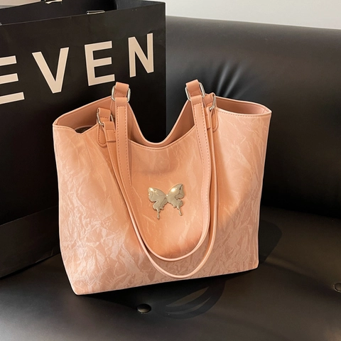 Grosse Kapazität Damen Shopper Tasche Falten PU Leder Schultertasche Mit Metall Schmetterling Dekor Trendy Handtasche