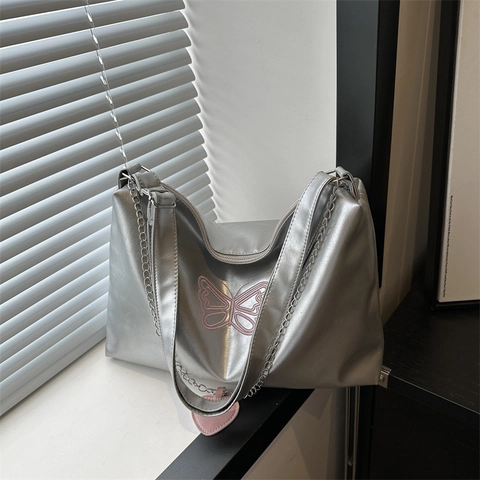 Borsa A Spalla In Pelle PU Con Ricamo Farfalla Catena In Metallo Ciondolo A Cuore Y2K Trendy Versatile Grande Capacità