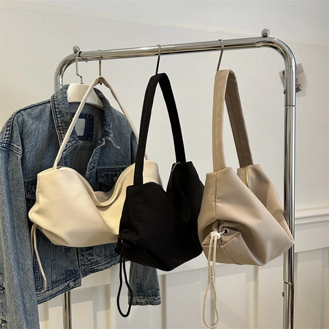 Bolso Hobo De Lona De Gran Capacidad Con Diseño De Cordón Color Sólido Bolso De Hombro Suave Para Mujer Casual Diario